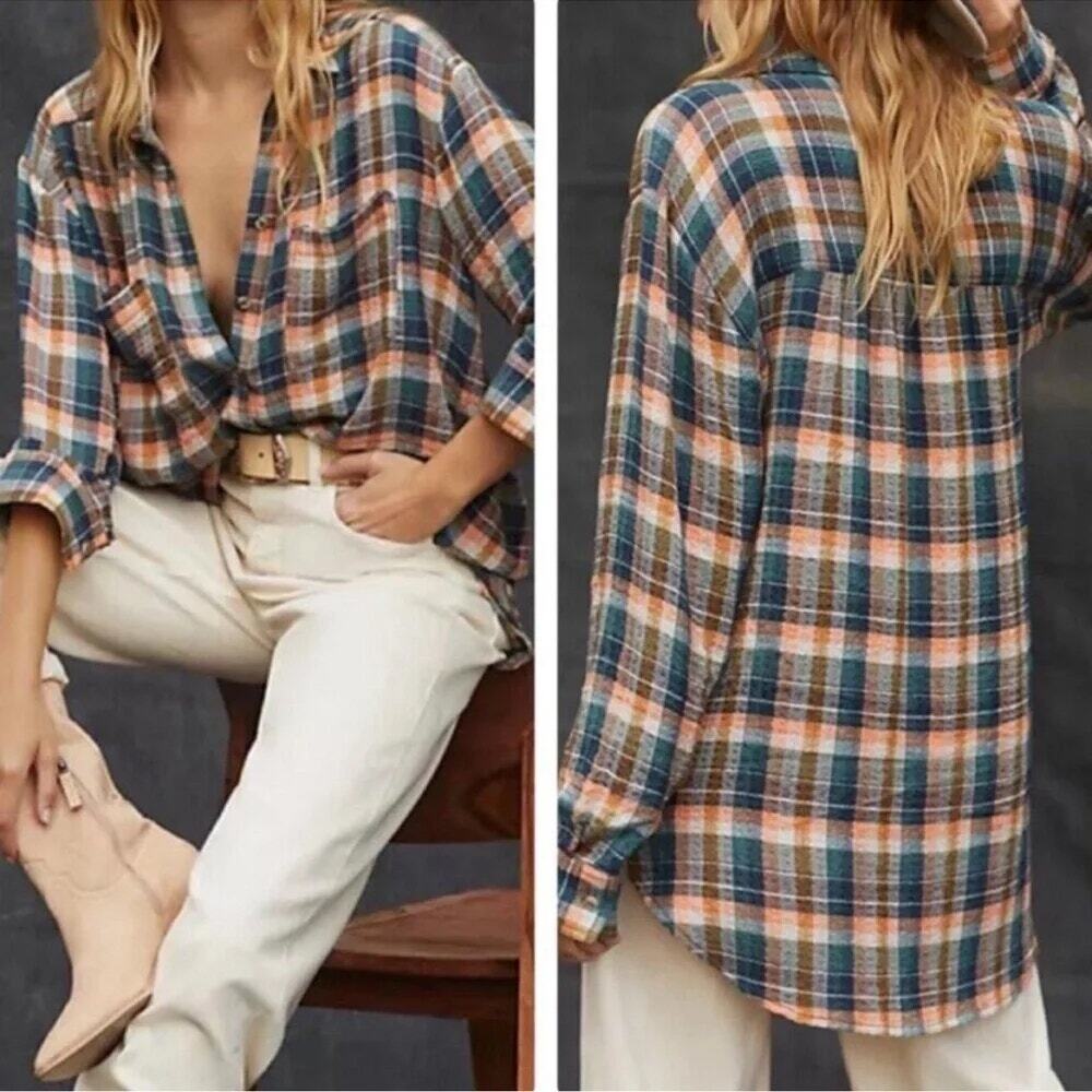 Pilcro Long Sleeve Plaid Oversized Button Down Shirt Orange Blue Womens XS